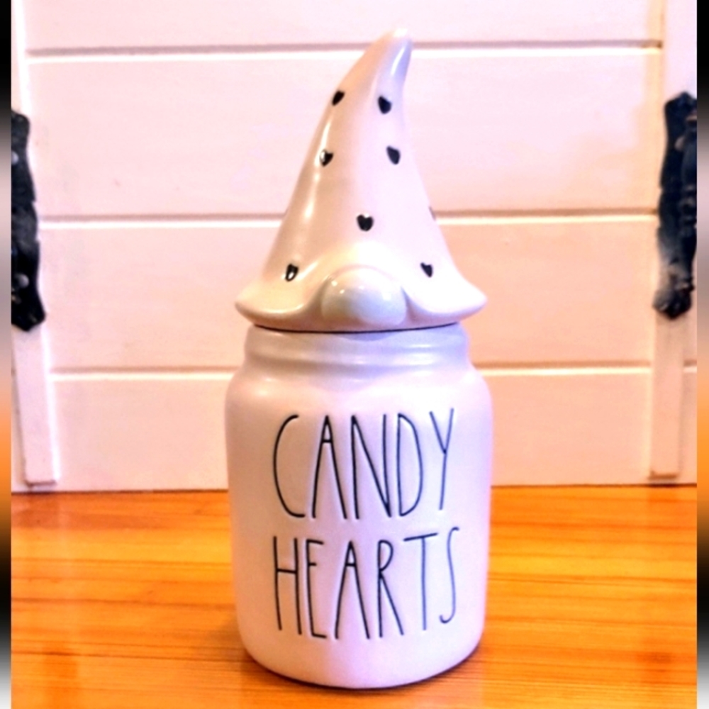 Rae Dunn gnome canister HTF pink with black hearts Rae Dunn